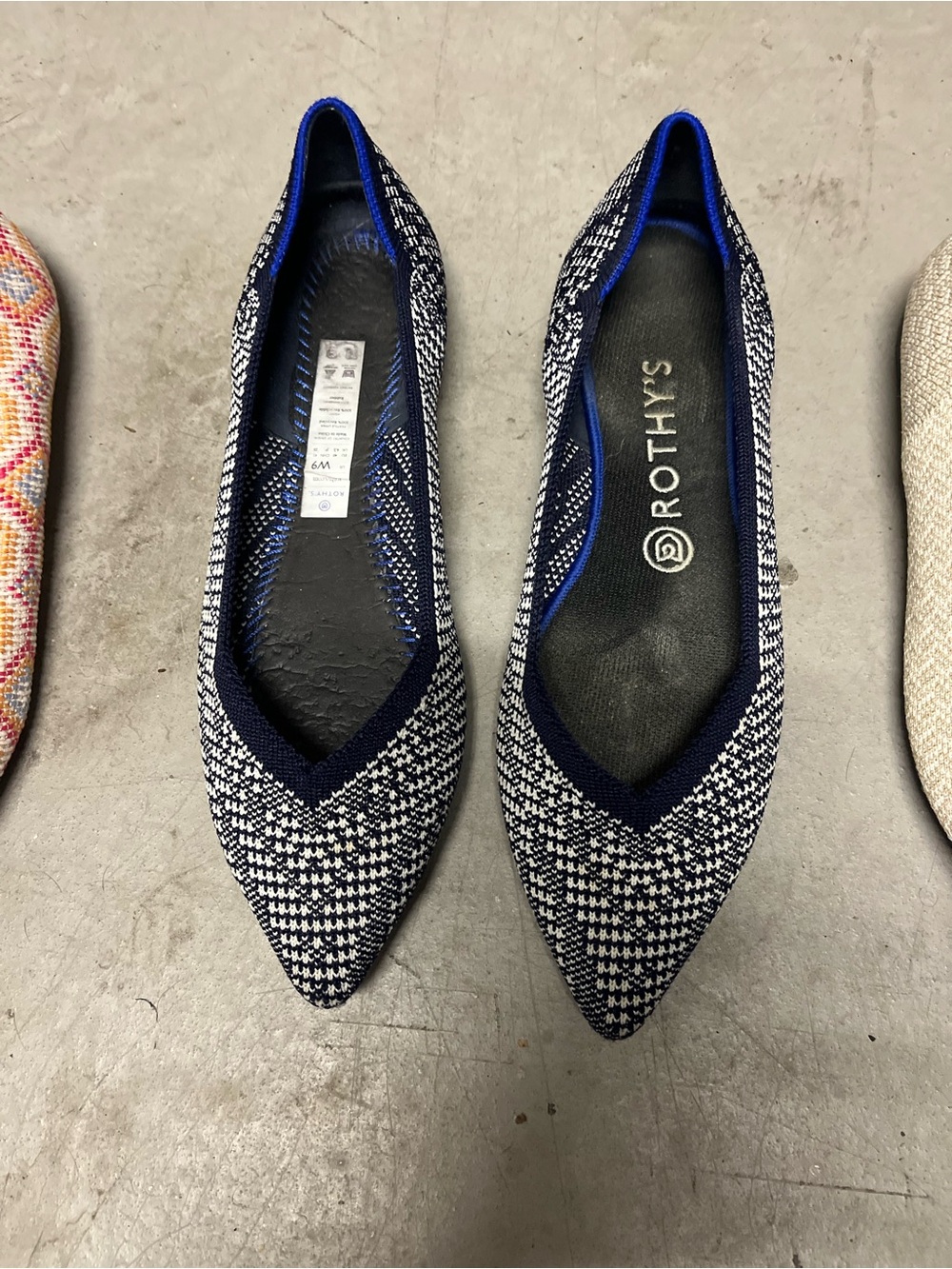 Rothy's Navy and White Pointed Knit Slip-On Flats
